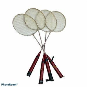 Lot Of 4 Dunlop Badminton Rackets Wooden Handles Red White Game Fun Summer